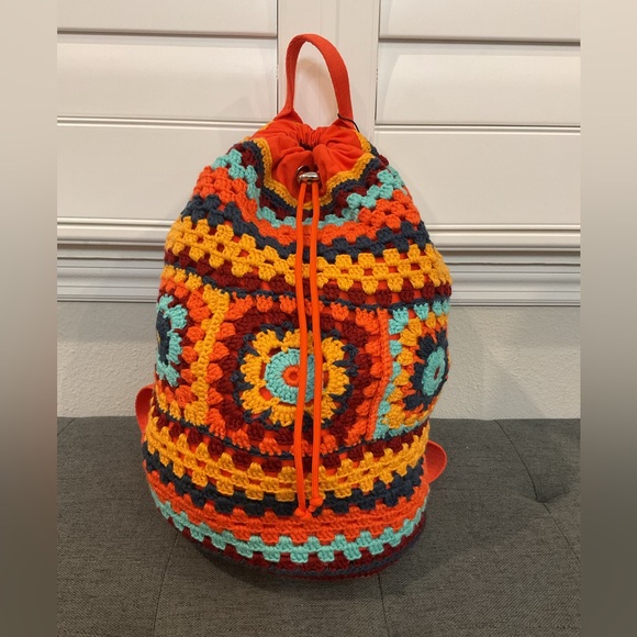 NWT Cider Retro Crochet Granny Square Drawstring Backpack Boho - Picture 6 of 16